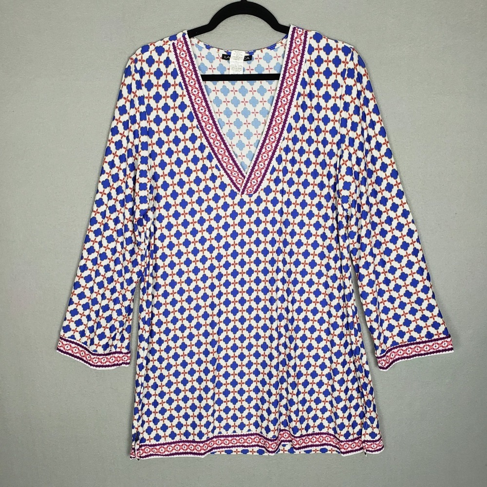 La Blanca Tunic Dress Geometric Coastal Bohemian Beachy Vacation Blue XL LB5KP55